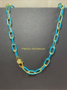 Freida Rothman Vault Brass Base Teal Enamel Chain Necklace 16" NWT $125 MSRP